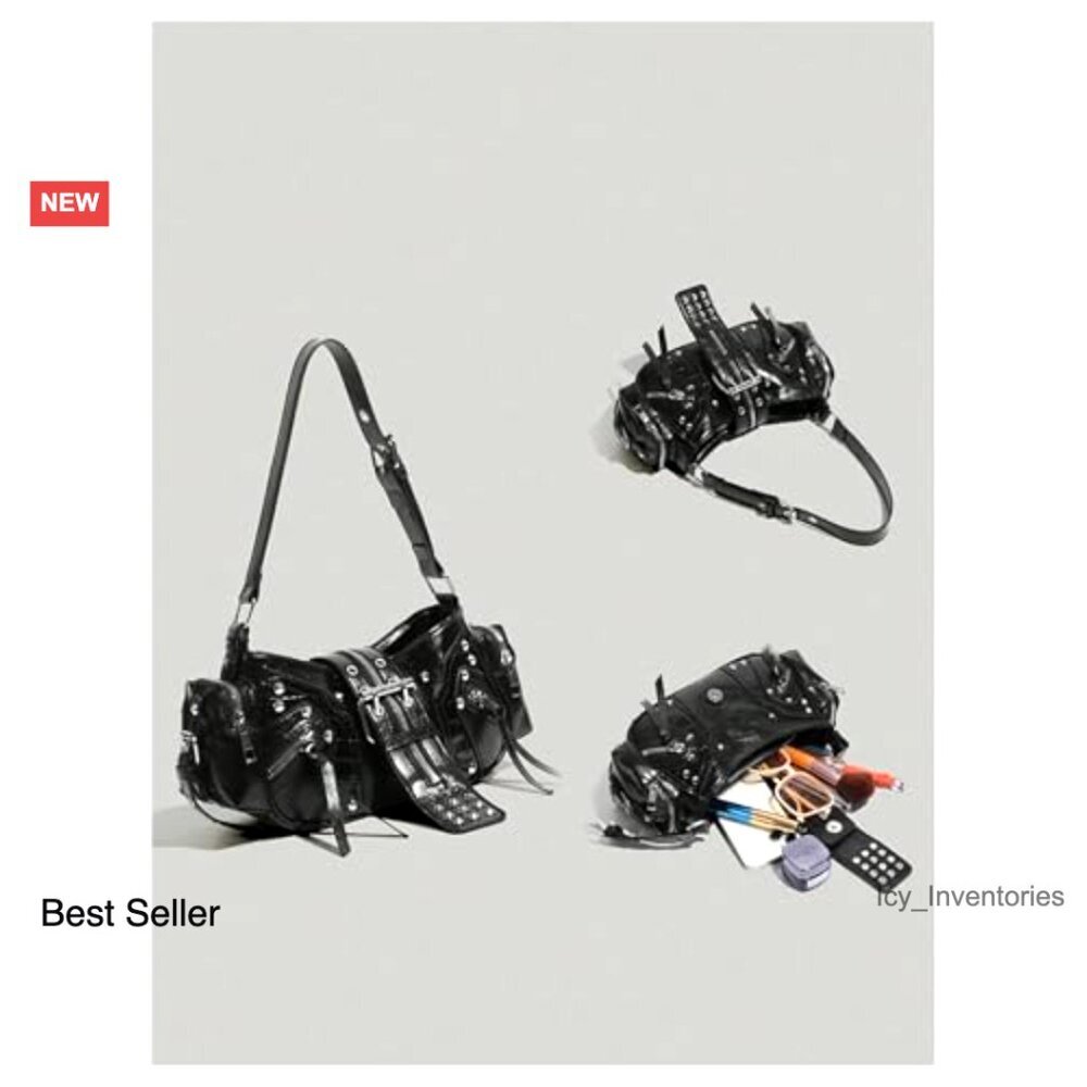 PU Leather Tote Bag Y2K Punk Vintage Adjustable Strap Multi Pocket Large - Picture 2 of 3